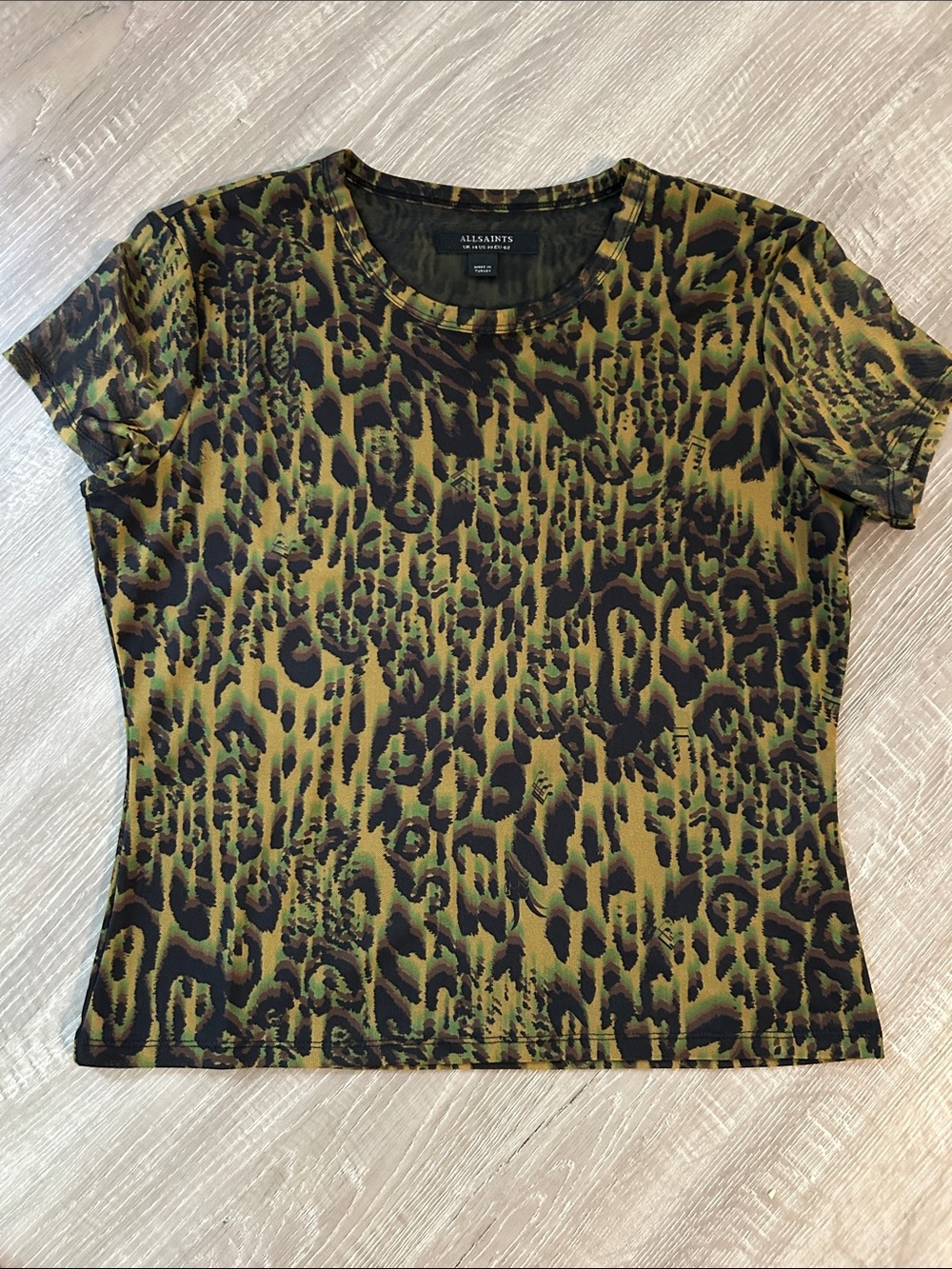All Saints Olive Green & Black Leopard Short Sleeve Tee